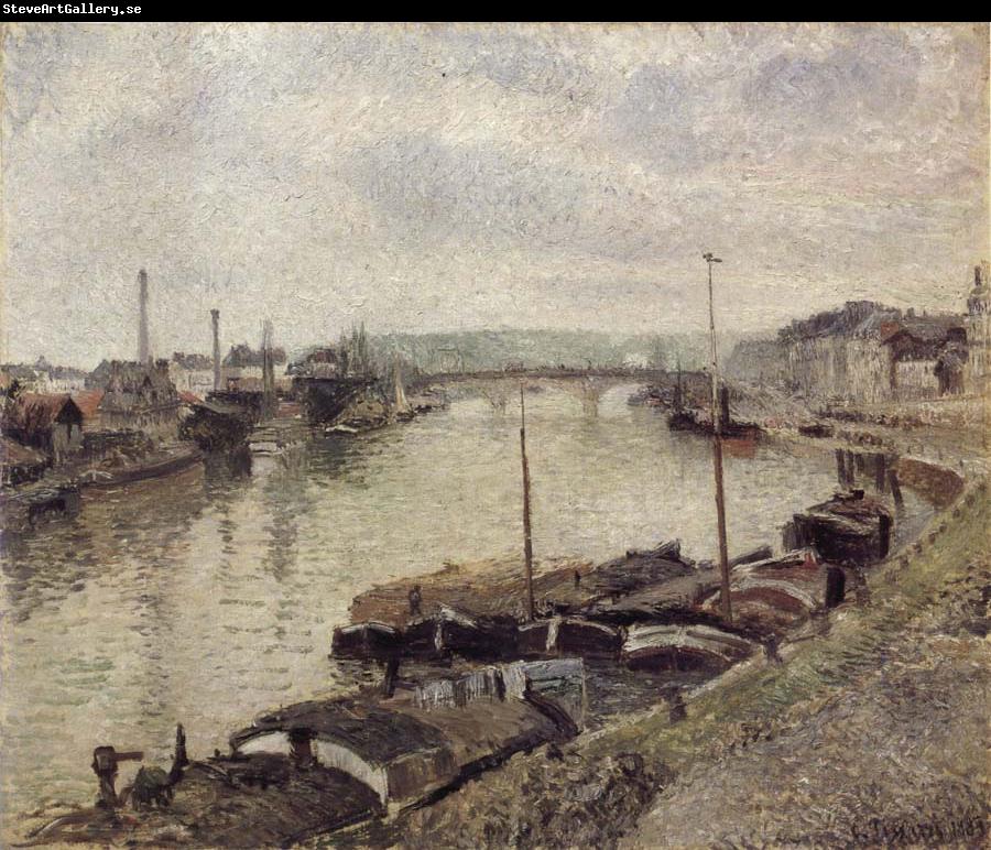 Camille Pissarro The Stone bridge and barges at Rouen